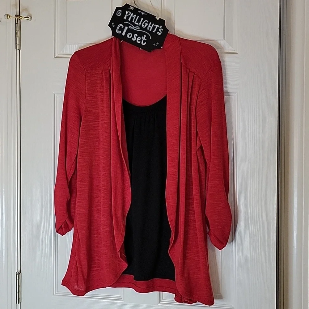Kim Rogers Blouse Medium Knit Layered Look Black Red